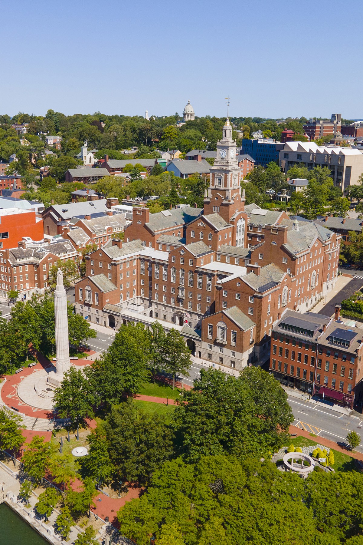 Providence RI courthouse aerial view shot from above and right of the building. Other city buildings are also in frame